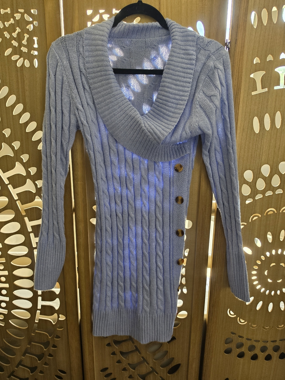 SHEIN Light Blue Cable Knit Shawl Collar Buttoned Mini Dress
